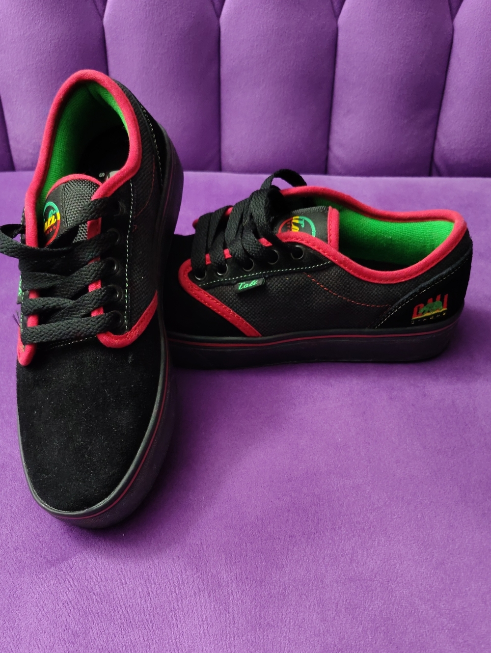 California Black Low-Top Sneakers with Red Trim and Green Lining